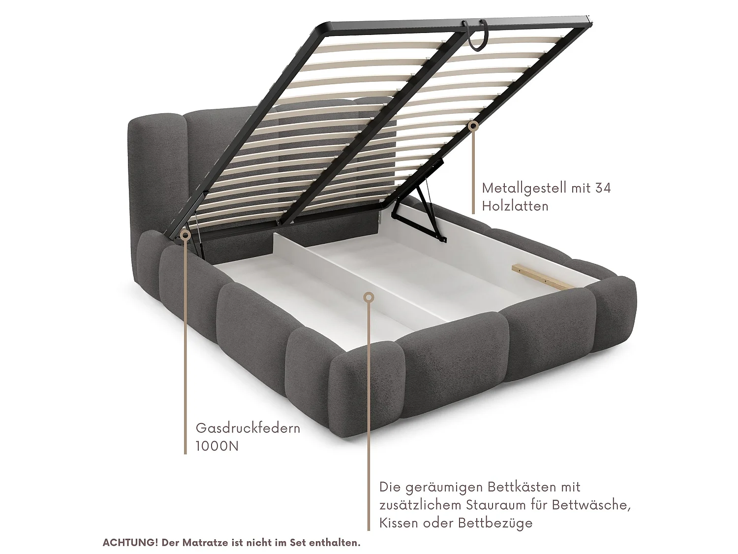 FURNISTAR BIANNO - 180 x 200. Gestoffeerd bed met opbergruimte, tweepersoonsbed met lattenbodem, boxspringlook, zonder matras, voor slaapkamer - GRIJS