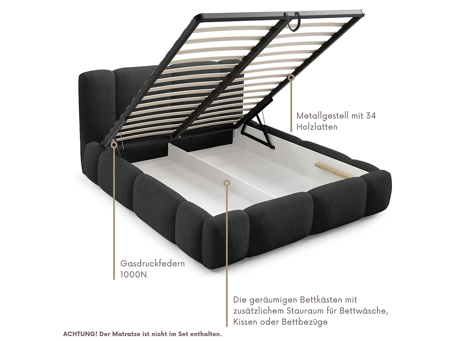 FURNISTAR BIANNO - 140 x 200. Gestoffeerd bed met opbergruimte, tweepersoonsbed met lattenbodem, boxspringlook, zonder matras, voor slaapkamer - ZWART