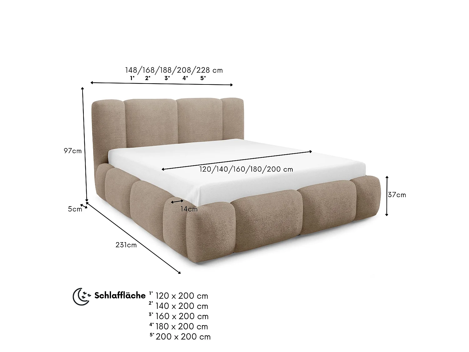 FURNISTAR BIANNO - 180 x 200. Łóżko tapicerowane z pojemnikiem na pościel, dwuosobowe ze stelażem, wygląd boxspring, bez materaca, do sypialni- Taupe