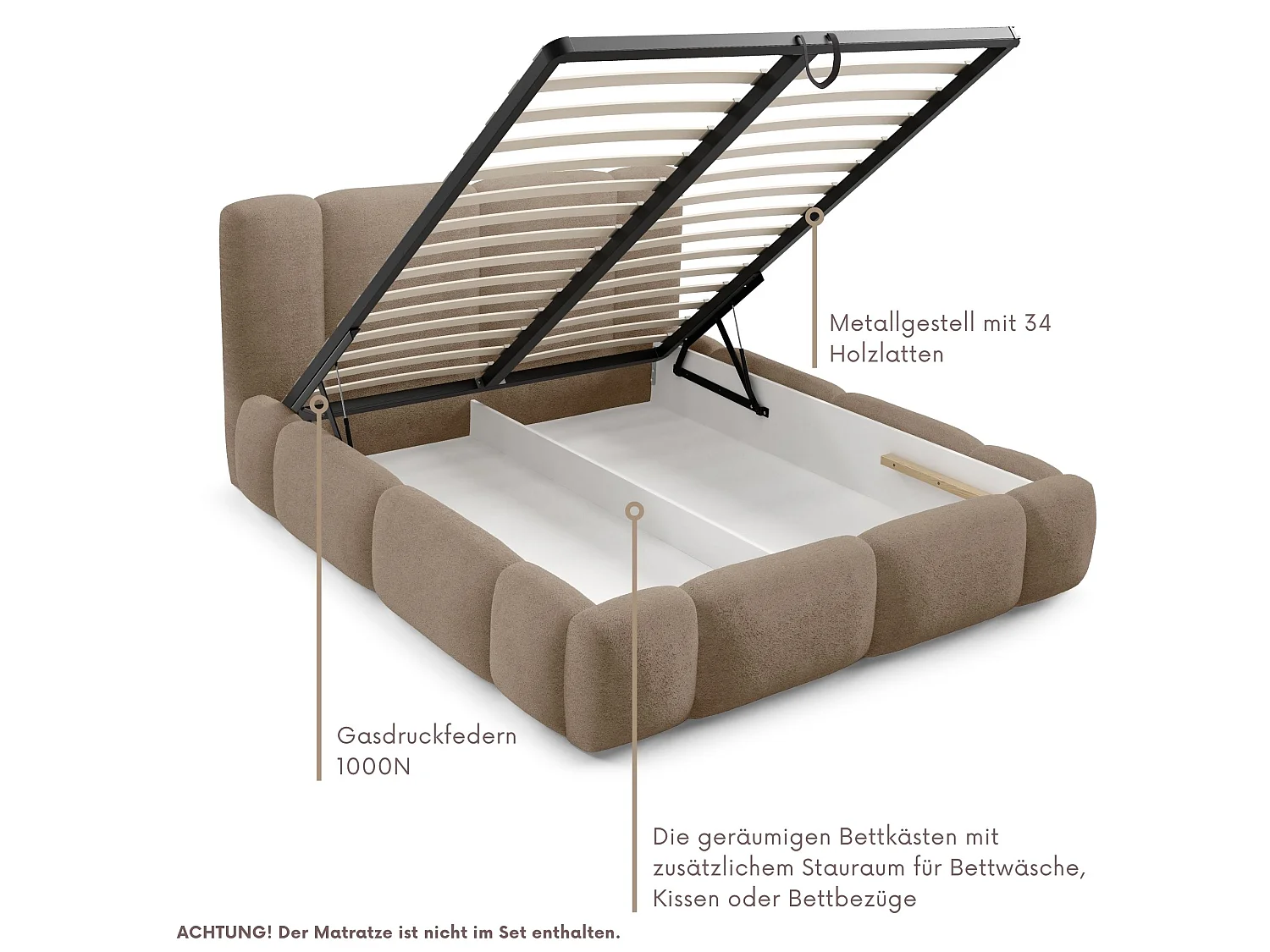 FURNISTAR BIANNO - 160 x 200. Lit rembourré avec coffre de rangement, lit double avec sommier à lattes, style boxspring, sans matelas, pour chambre - TAUPE