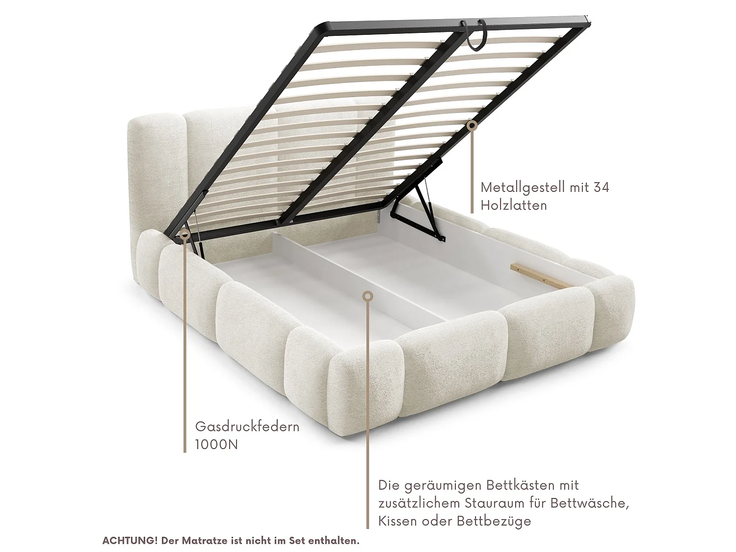 FURNISTAR BIANNO - 160 x 200. Gestoffeerd bed met opbergruimte, tweepersoonsbed met lattenbodem, boxspringlook, zonder matras, voor slaapkamer - CRÈME
