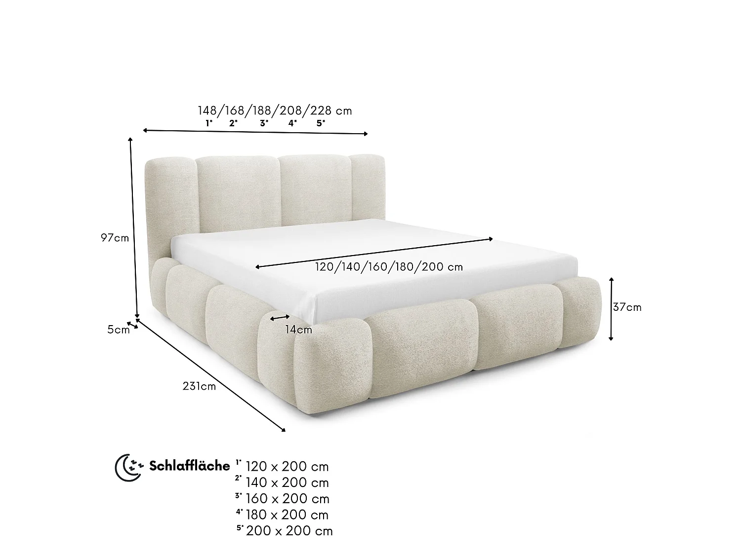 FURNISTAR BIANNO - 200 x 200. Gestoffeerd bed met opbergruimte, tweepersoonsbed met lattenbodem, boxspringlook, zonder matras, voor slaapkamer - CRÈME