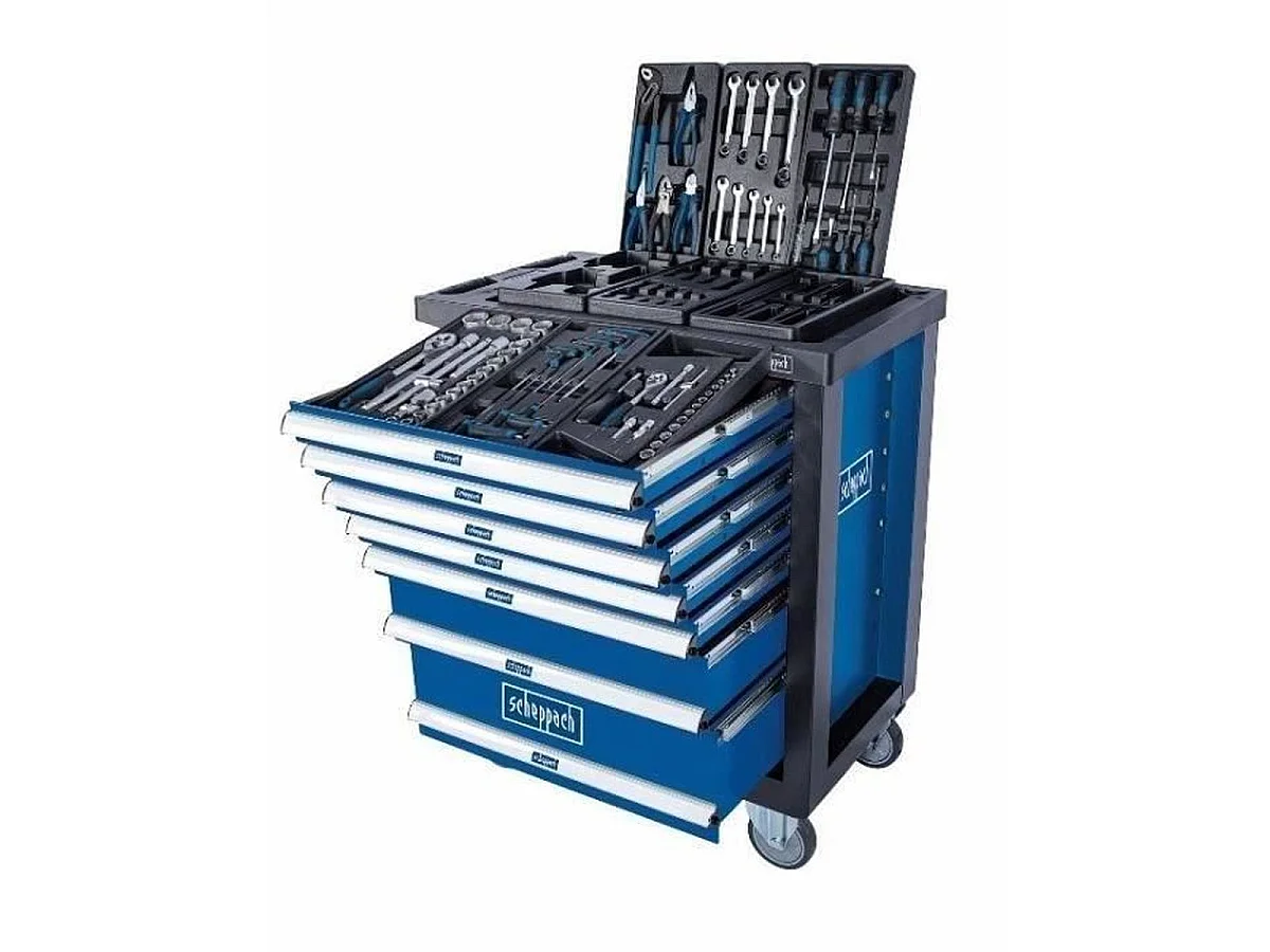 Scheppach TW1100 Werkplaats Gereedschapswagen met 70 chroom-vanadium gereedschappen, 7 laden, blauw staal en wielen