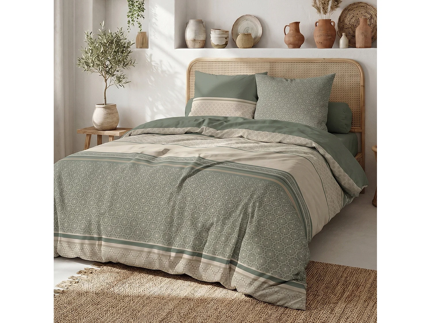 Parure housse de couette 100% Cylus imprimée géo vert et biege