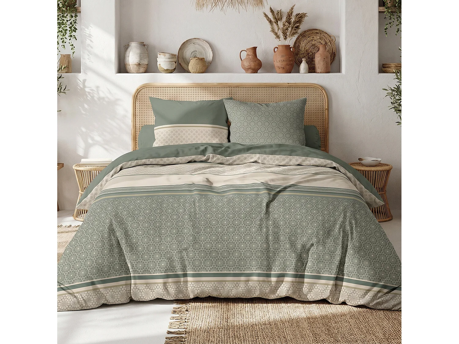 Parure housse de couette 100% Cylus imprimée géo vert et biege