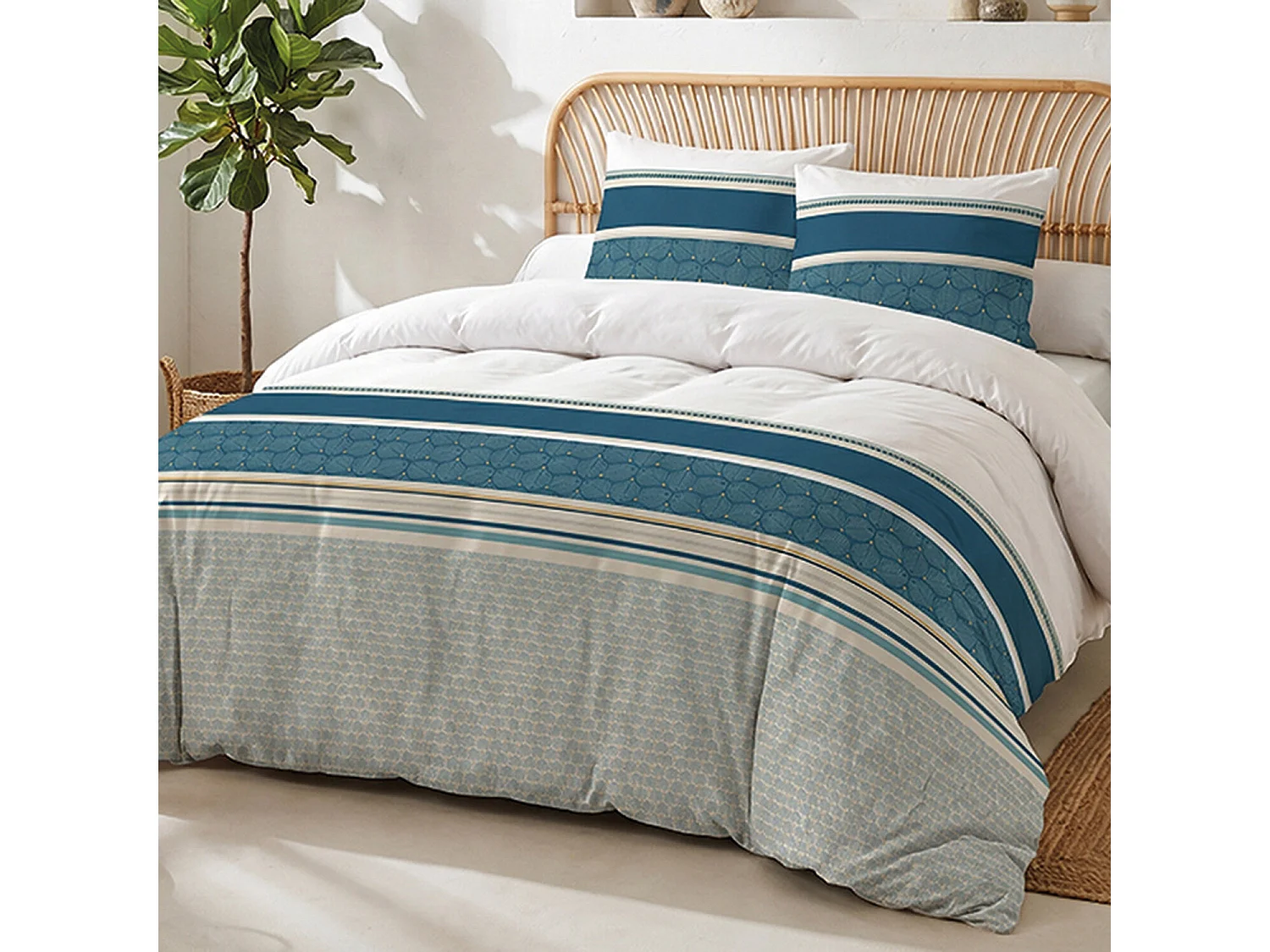 Parure housse de couette 100% coton Uriance imprimée géo bleu et blanc