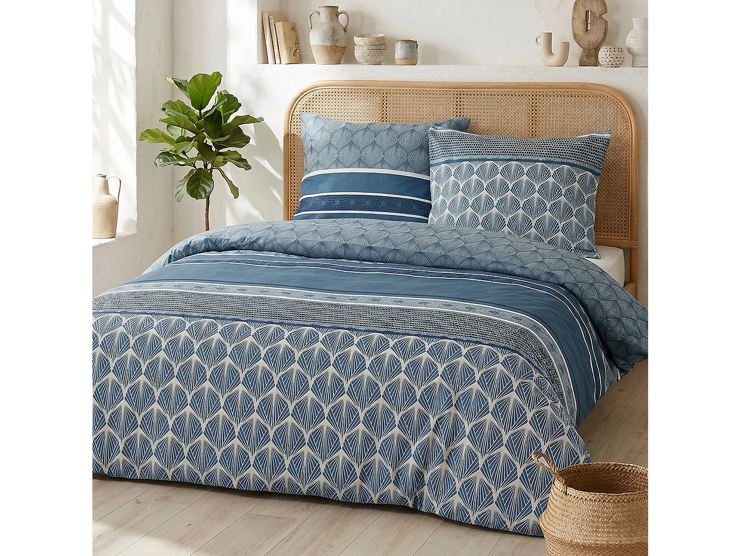 Parure housse de couette 100% coton imprimée géo bleu
