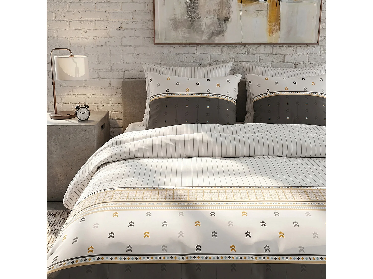 Parure housse de couette 100% coton Aven motif blanc gris ocre