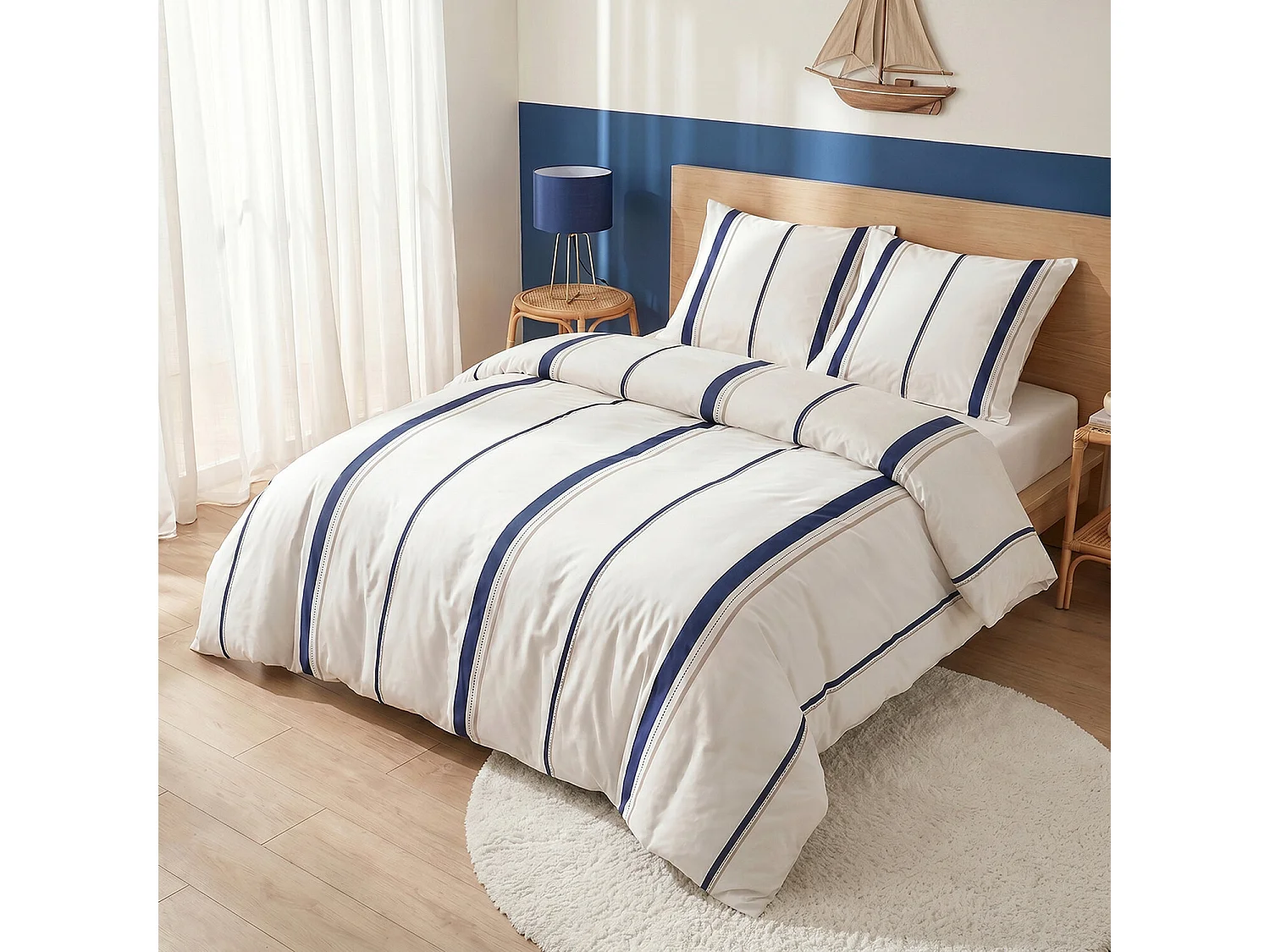 Parure housse de couette 100% coton Lord rayure bleu et blanc