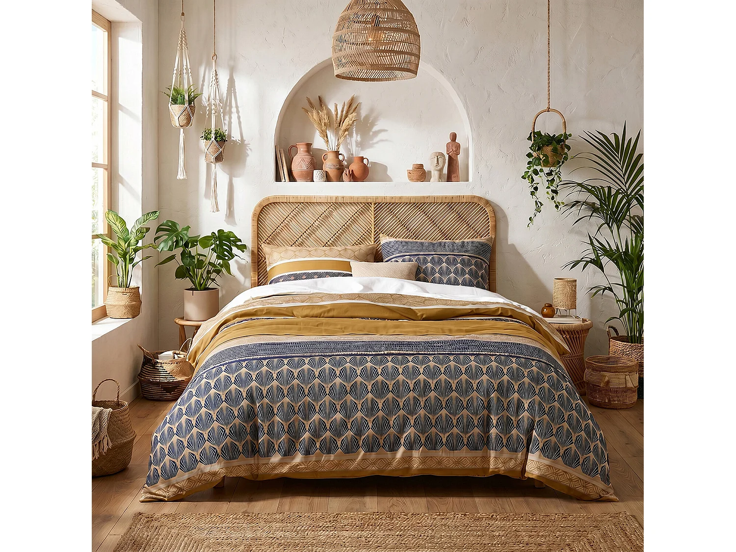 Parure housse de couette 100% coton Celorn imprimée géo bleu et beige