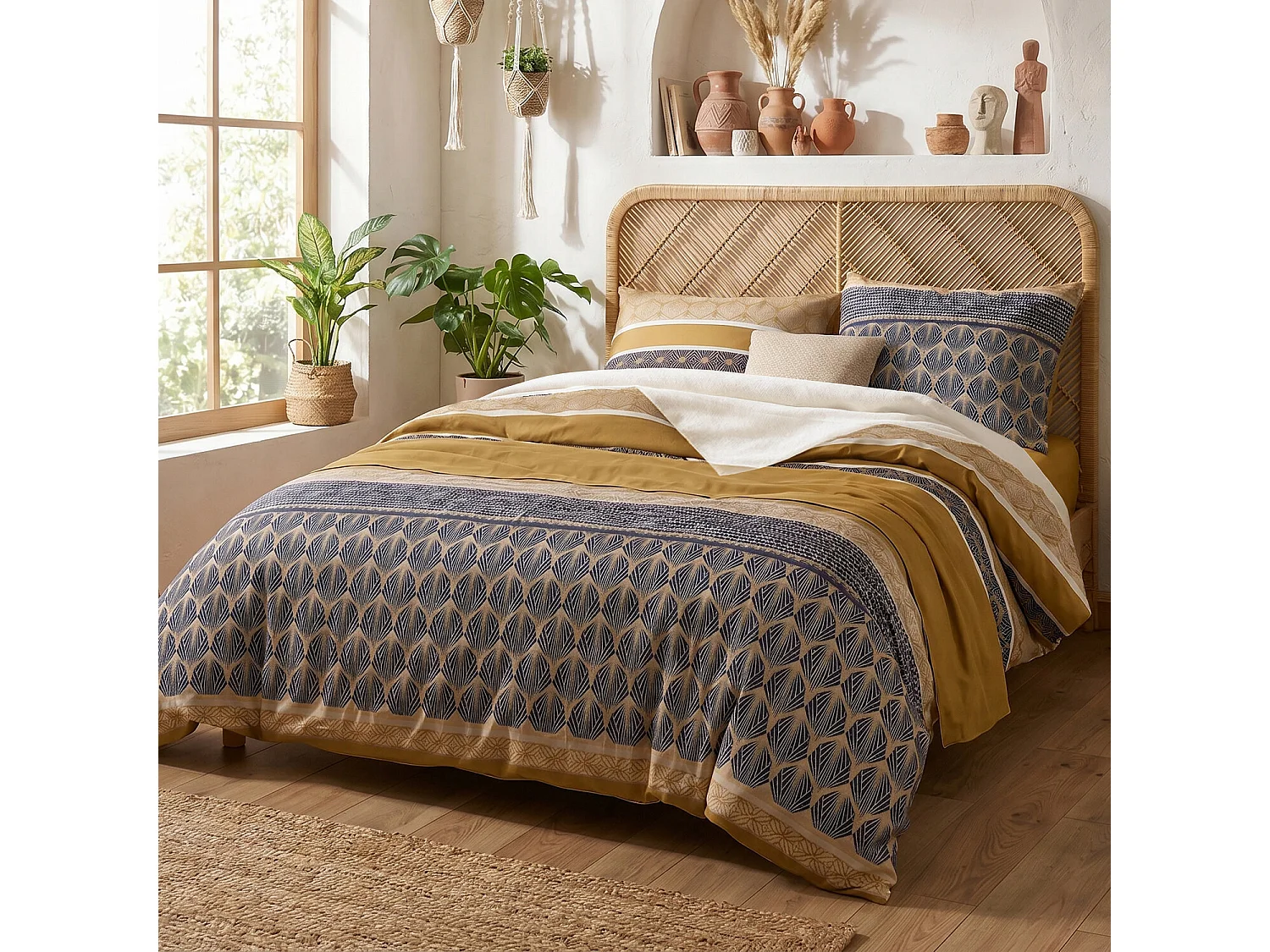 Parure housse de couette 100% coton Celorn imprimée géo bleu et beige