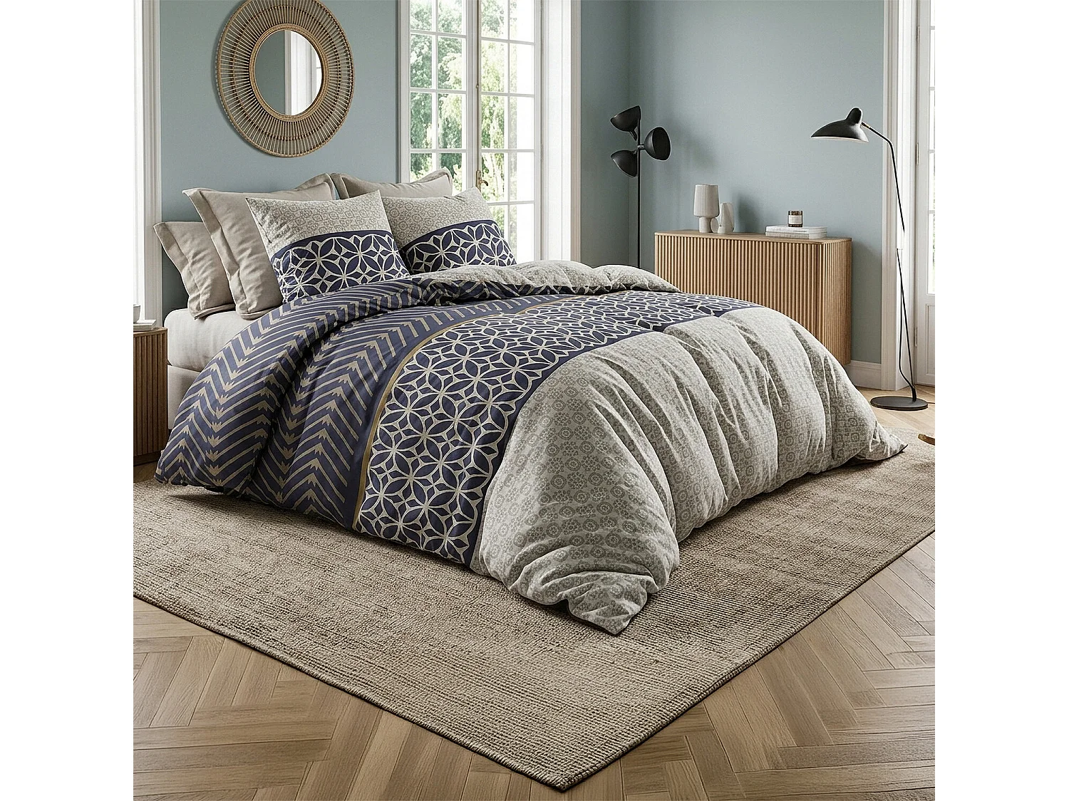 Parure housse de couette 100% coton Melvin motif bleu marron beige