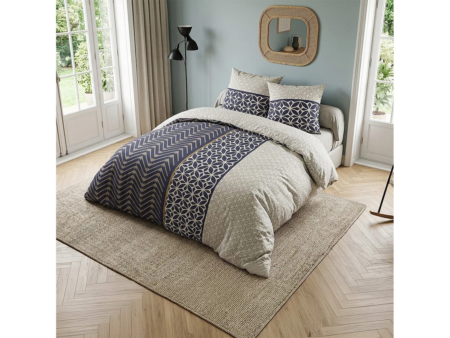 Parure housse de couette 100% coton Melvin motif bleu marron beige
