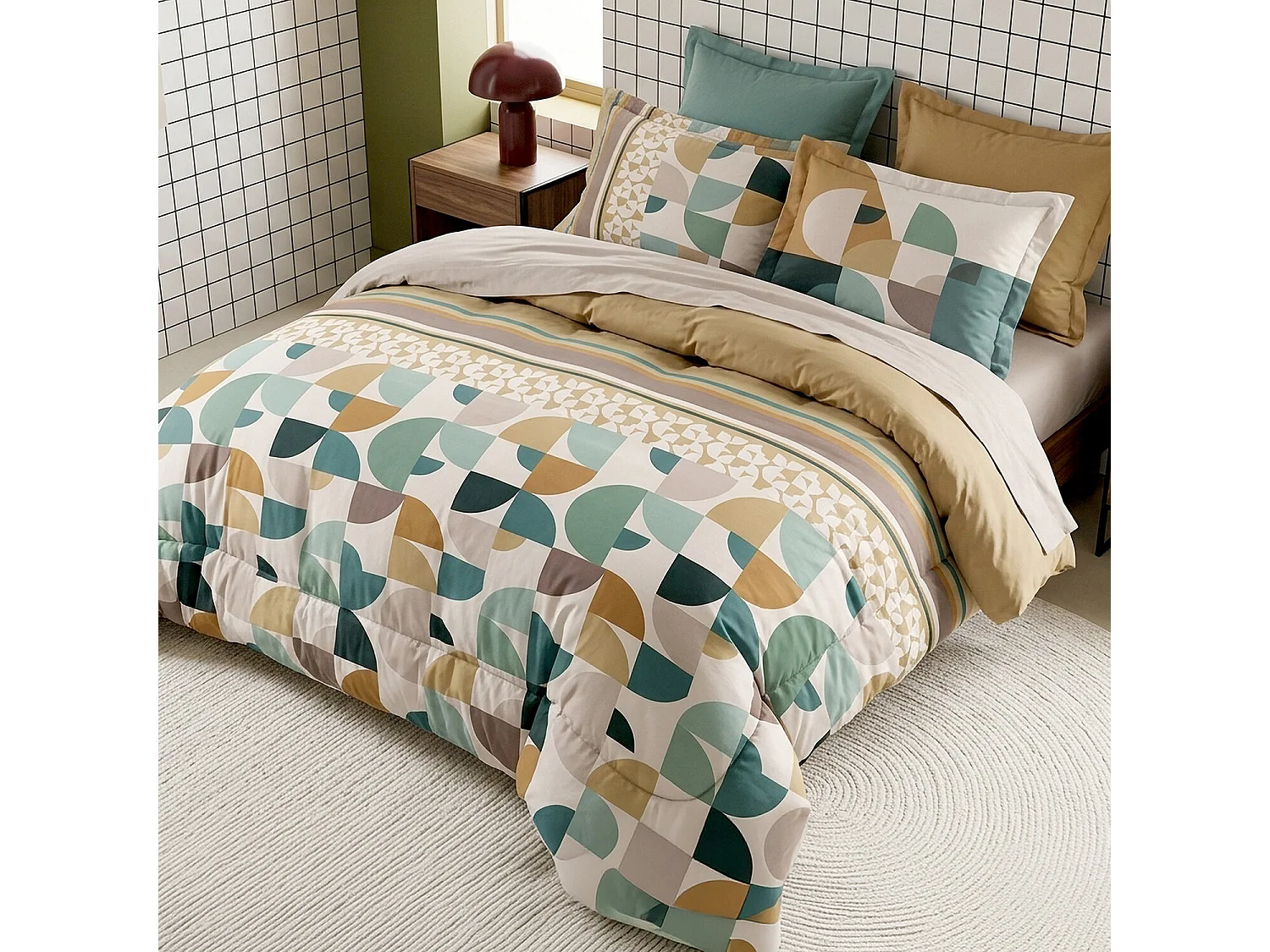 Parure housse de couette 100% coton Helya motif abstrait bleu vert marron