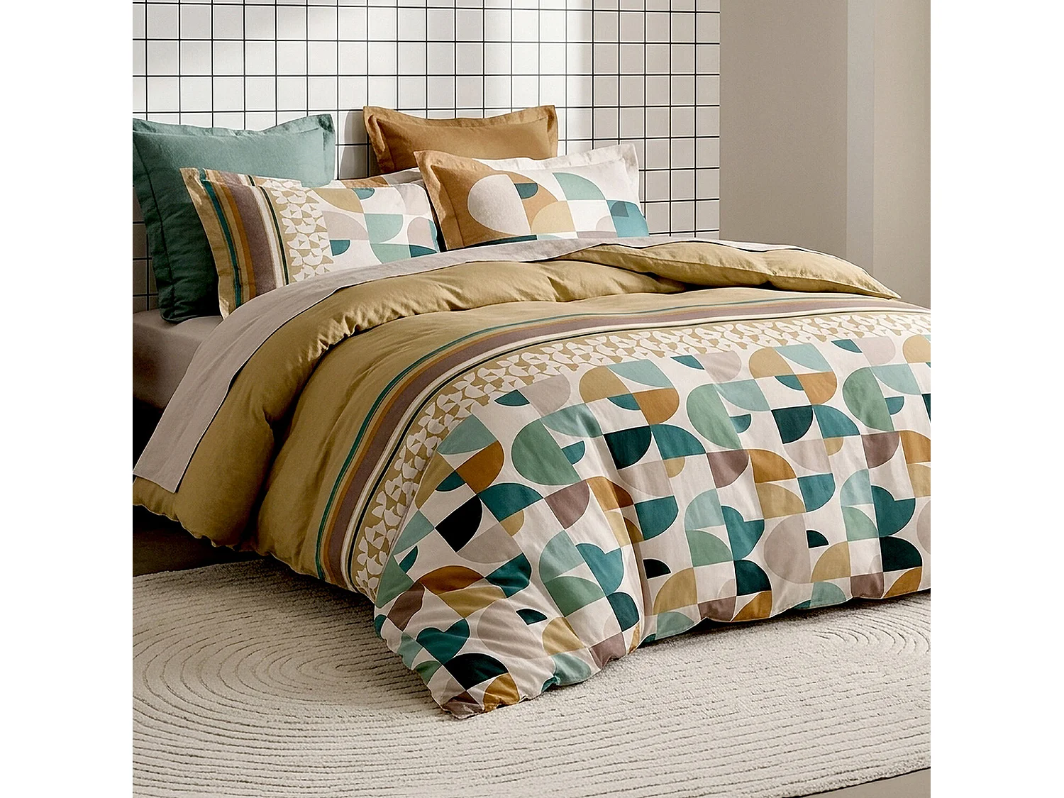 Parure housse de couette 100% coton Helya motif abstrait bleu vert marron