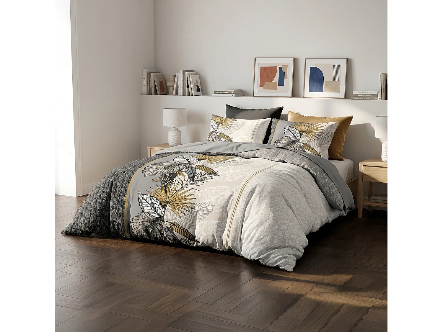 Parure housse de couette 100% coton PACÔME motif tropical gris ocre