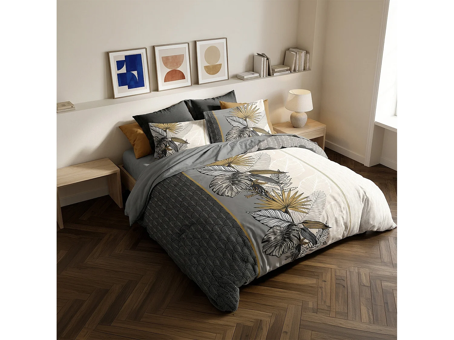 Parure housse de couette 100% coton PACÔME motif tropical gris ocre