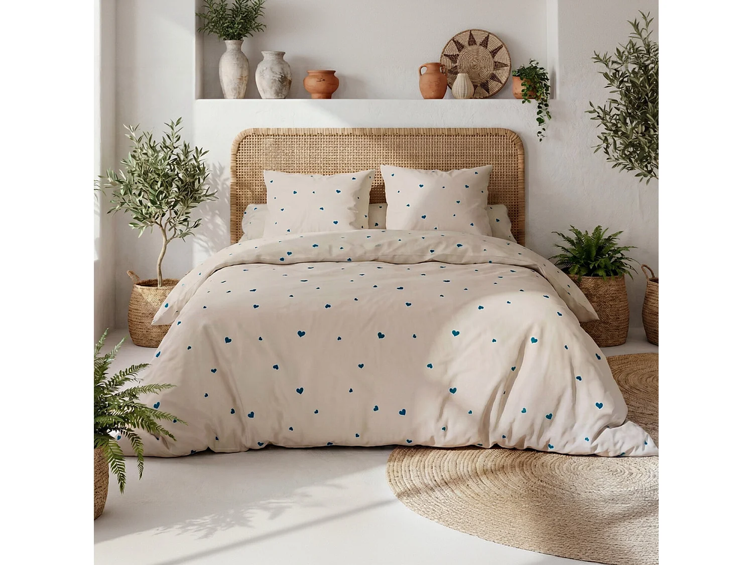 Parure housse de couette 100% coton Lamourelle imprimée cœur bleu