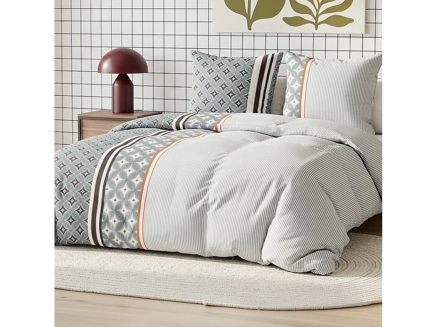 Parure housse de couette 100% coton Arab ia motif carreaux de ciment bleu clair