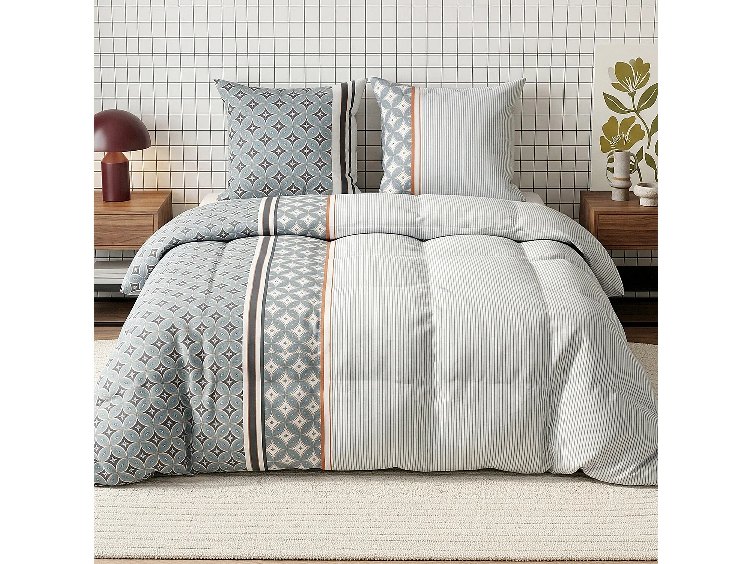Parure housse de couette 100% coton Arab ia motif carreaux de ciment bleu clair