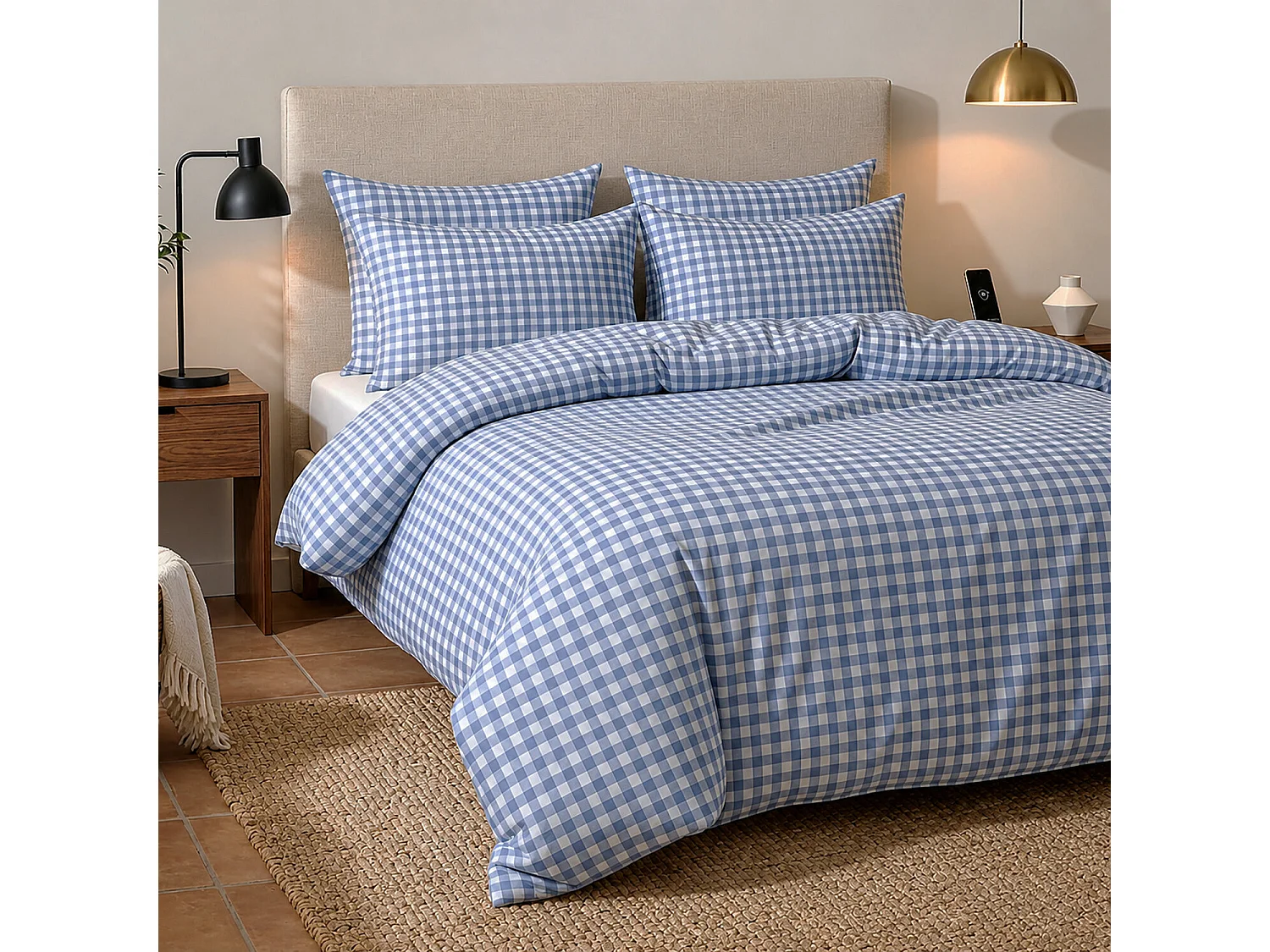 Parure housse de couette 100% coton Celestin imprimée vichy bleu et blanc