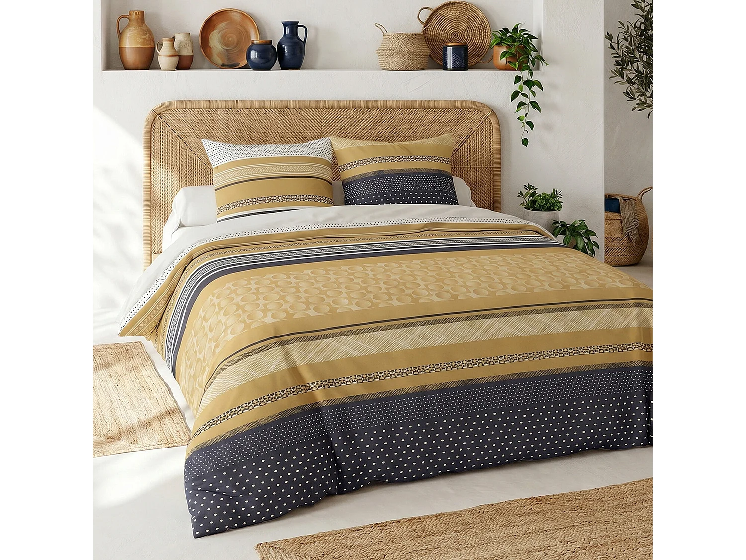 Parure housse de couette 100% coton Melting imprimée géo bleu et marron