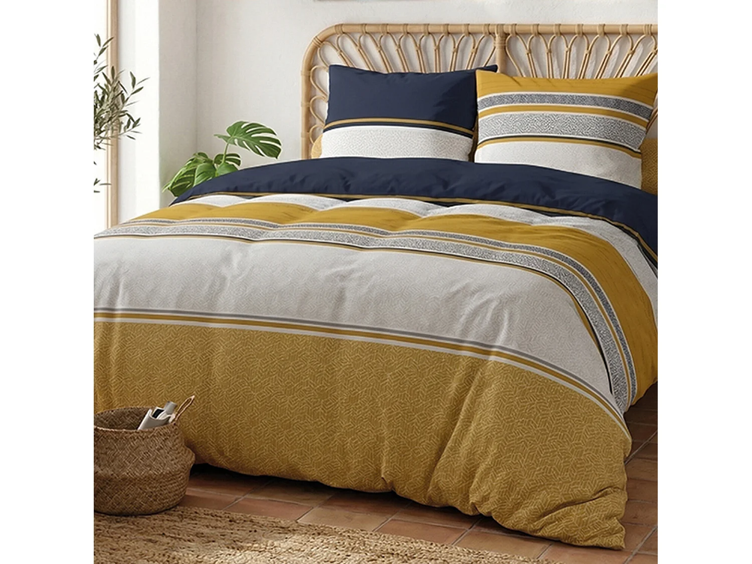 Parure housse de couette 100% coton Jaisaï imprimée géo bleu et marron