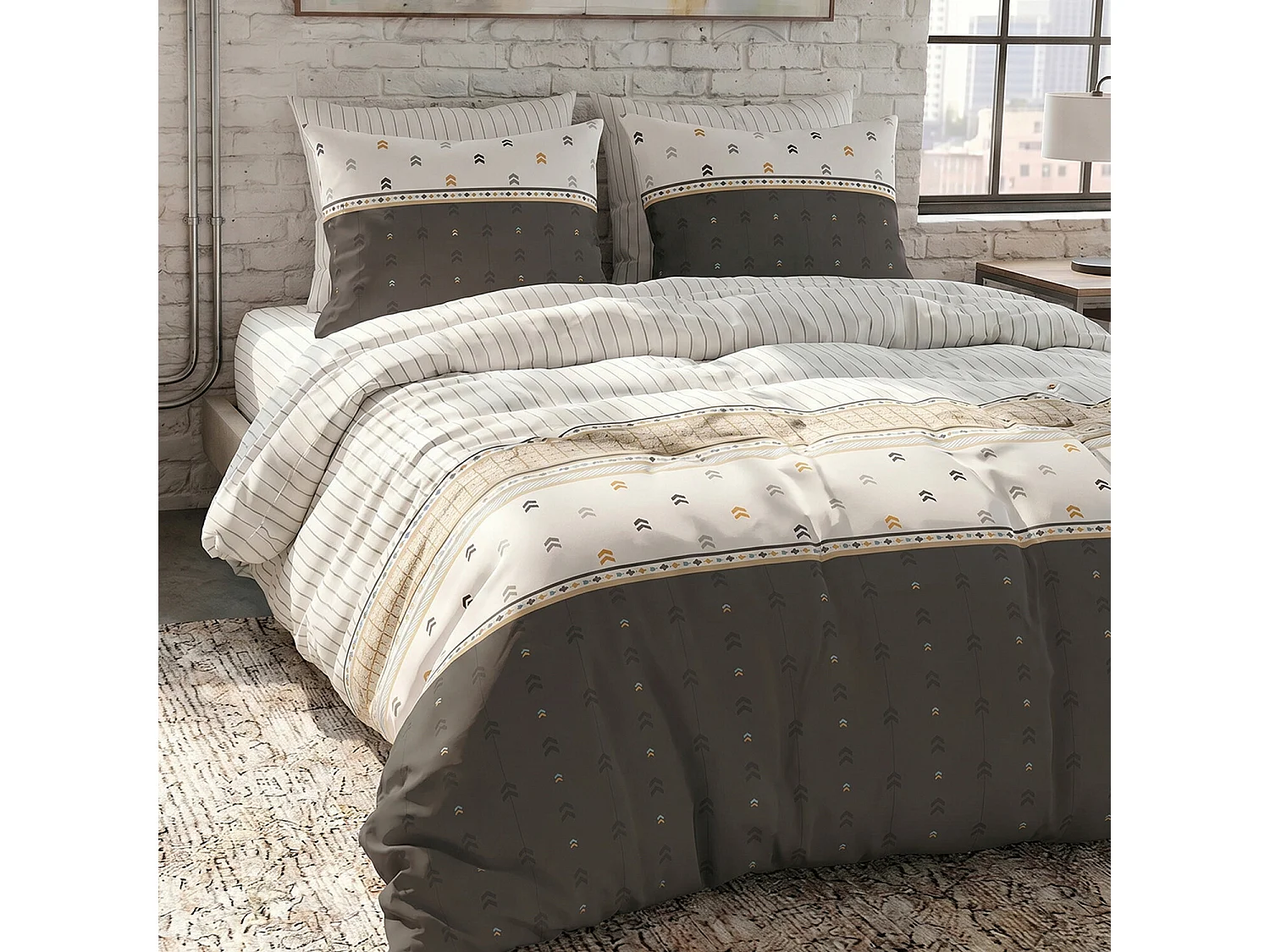 Parure housse de couette 100% coton Aven motif blanc gris ocre