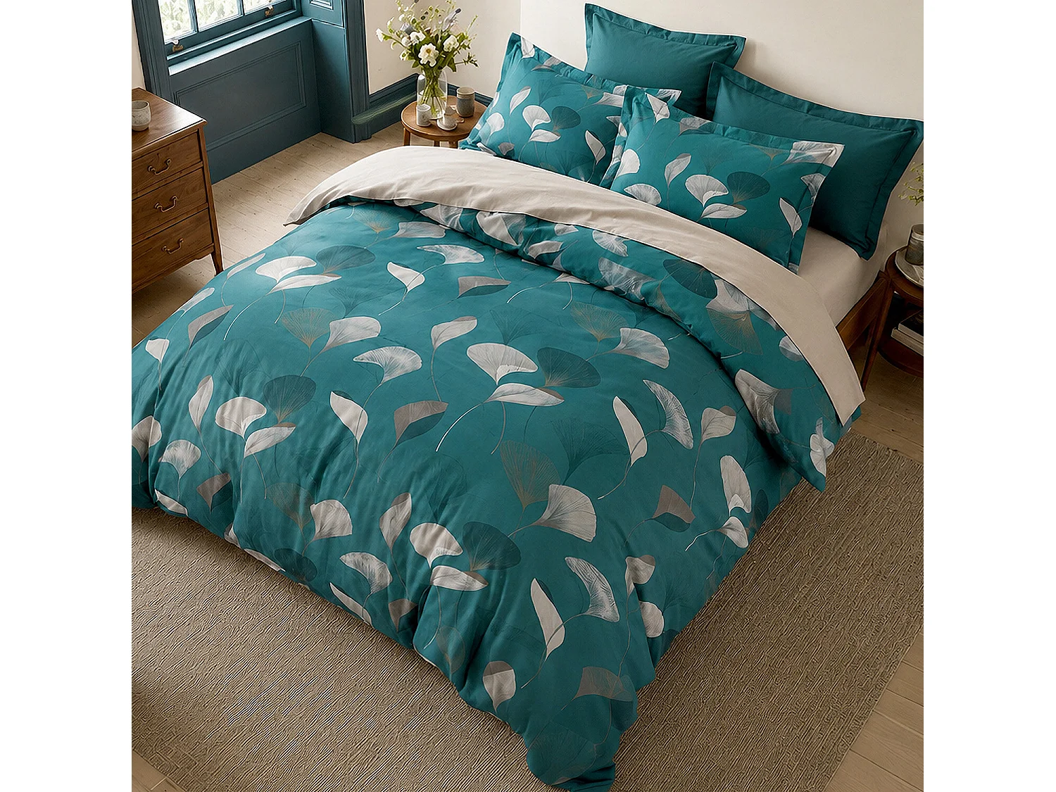 Parure housse de couette 100% coton Apoline motif ginkgo vert et ocre