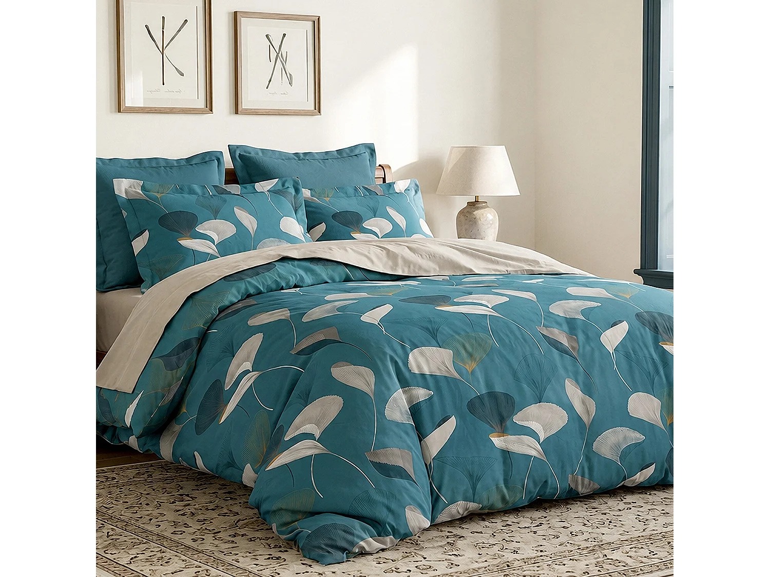 Parure housse de couette 100% coton Apoline motif ginkgo vert et ocre