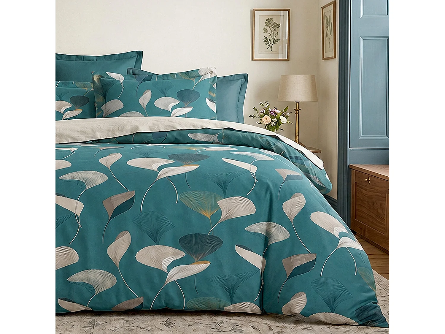 Parure housse de couette 100% coton Apoline motif ginkgo vert et ocre