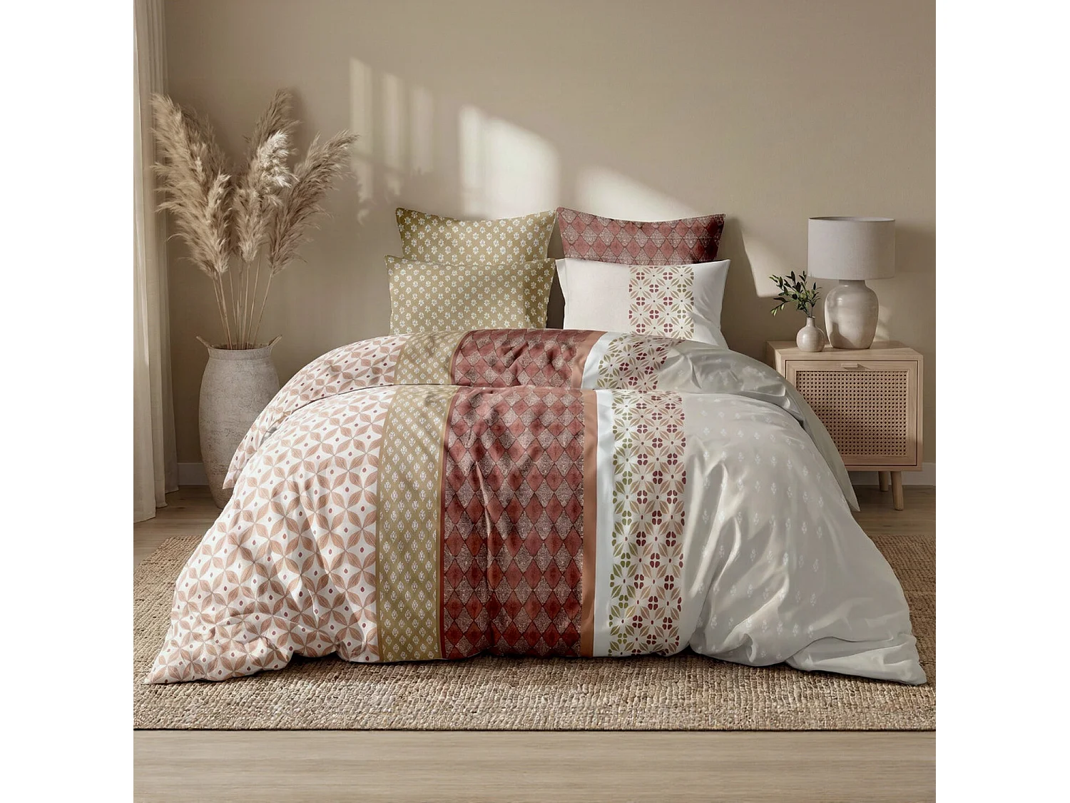 Parure housse de couette 100% coton Oasilis motif carreaux de ciment