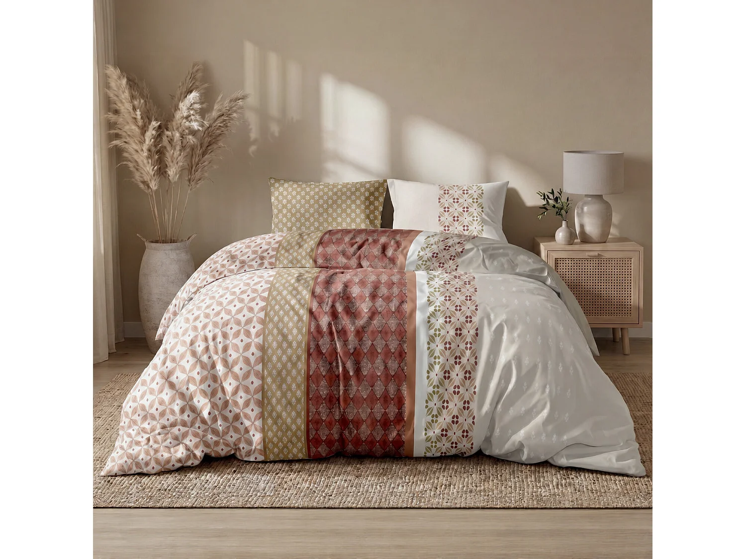 Parure housse de couette 100% coton Oasilis motif carreaux de ciment