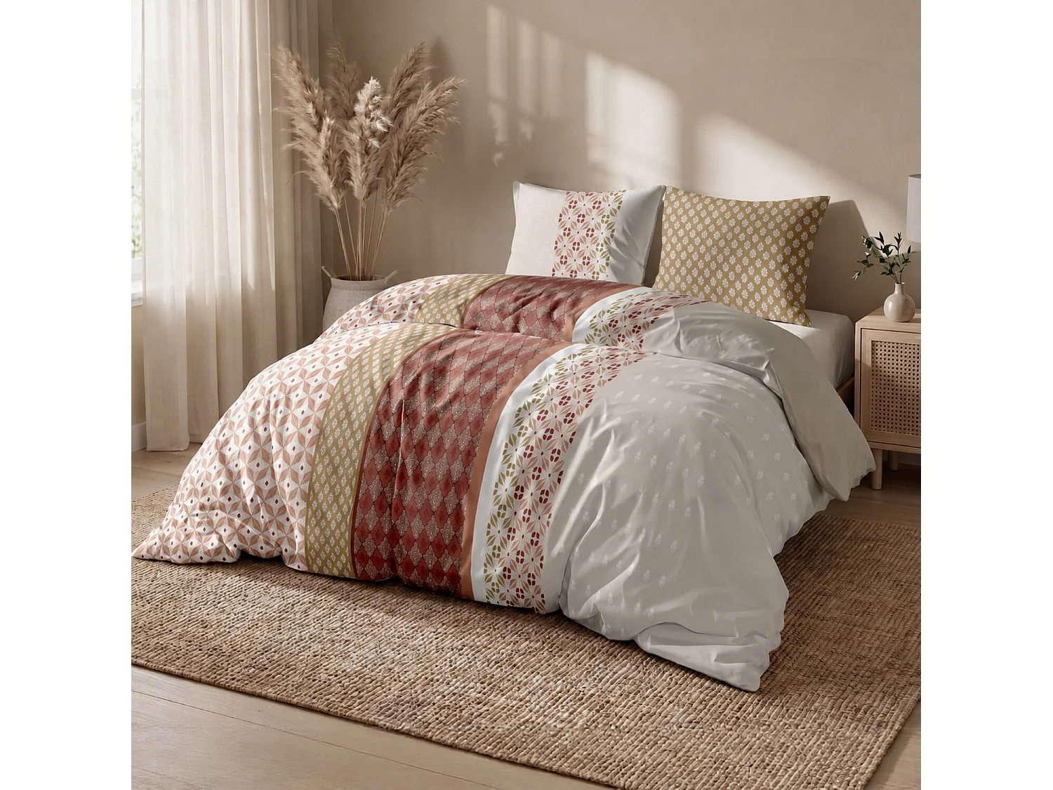 Parure housse de couette 100% coton Oasilis motif carreaux de ciment