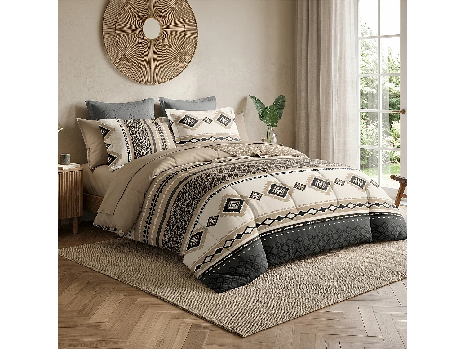 Parure housse de couette 100% coton Aka motif ethnique beige et noir