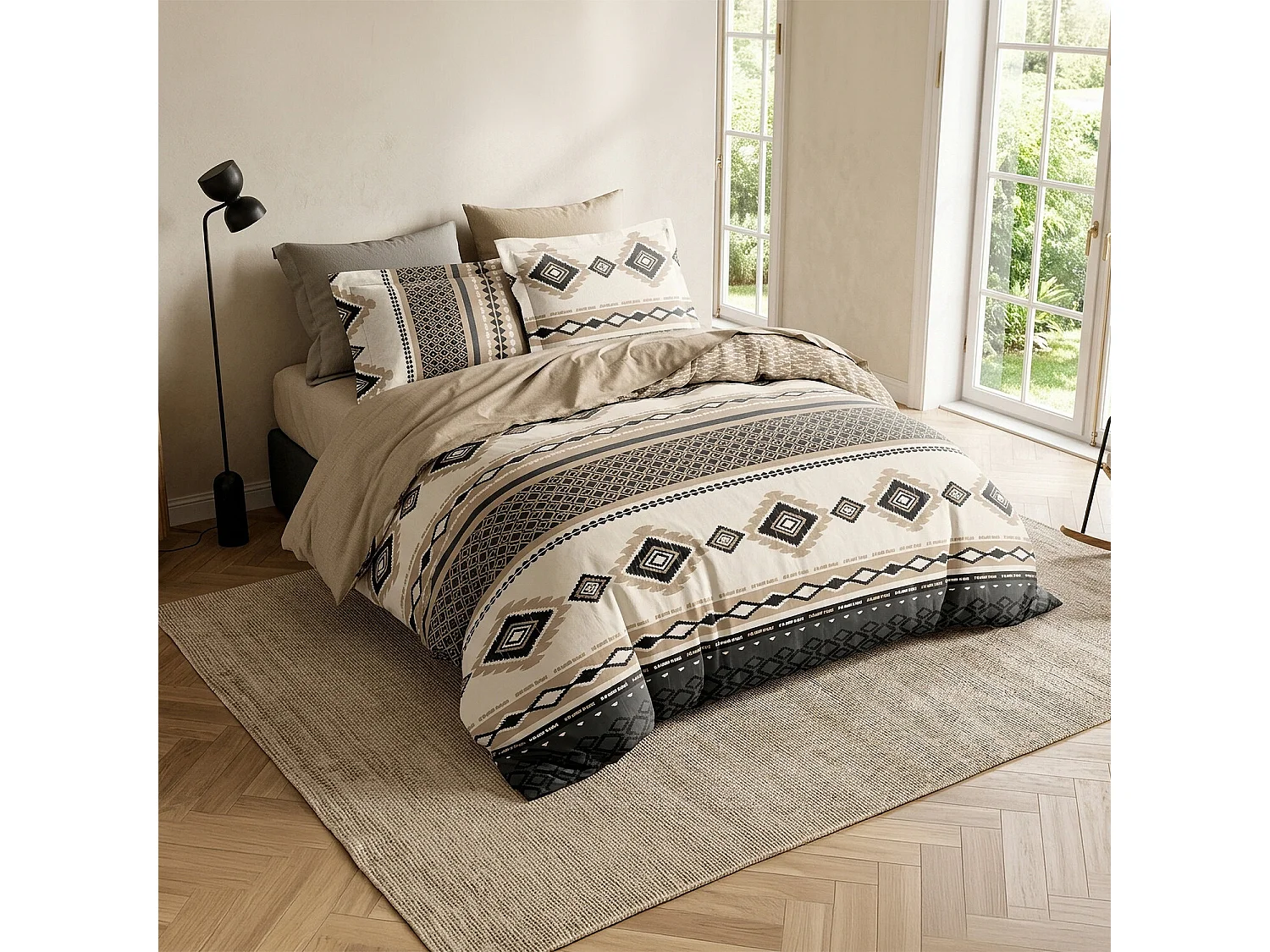 Parure housse de couette 100% coton Aka motif ethnique beige et noir