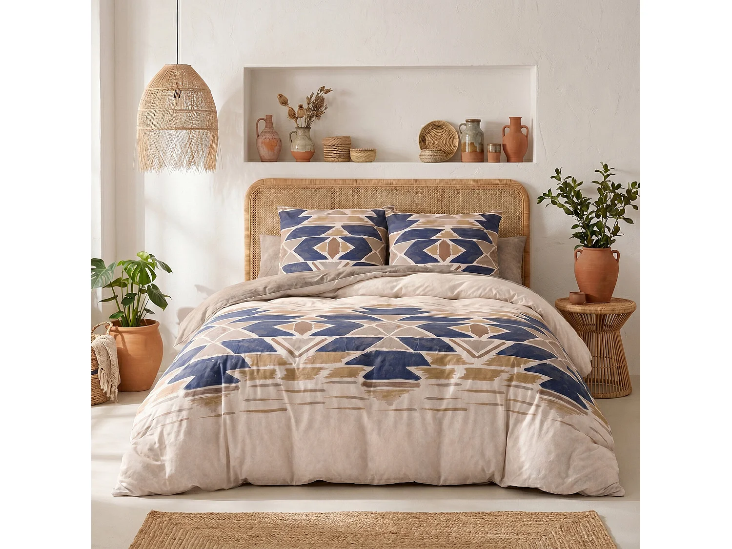 Parure housse de couette 100% coton Apotek imprimée bohème beige