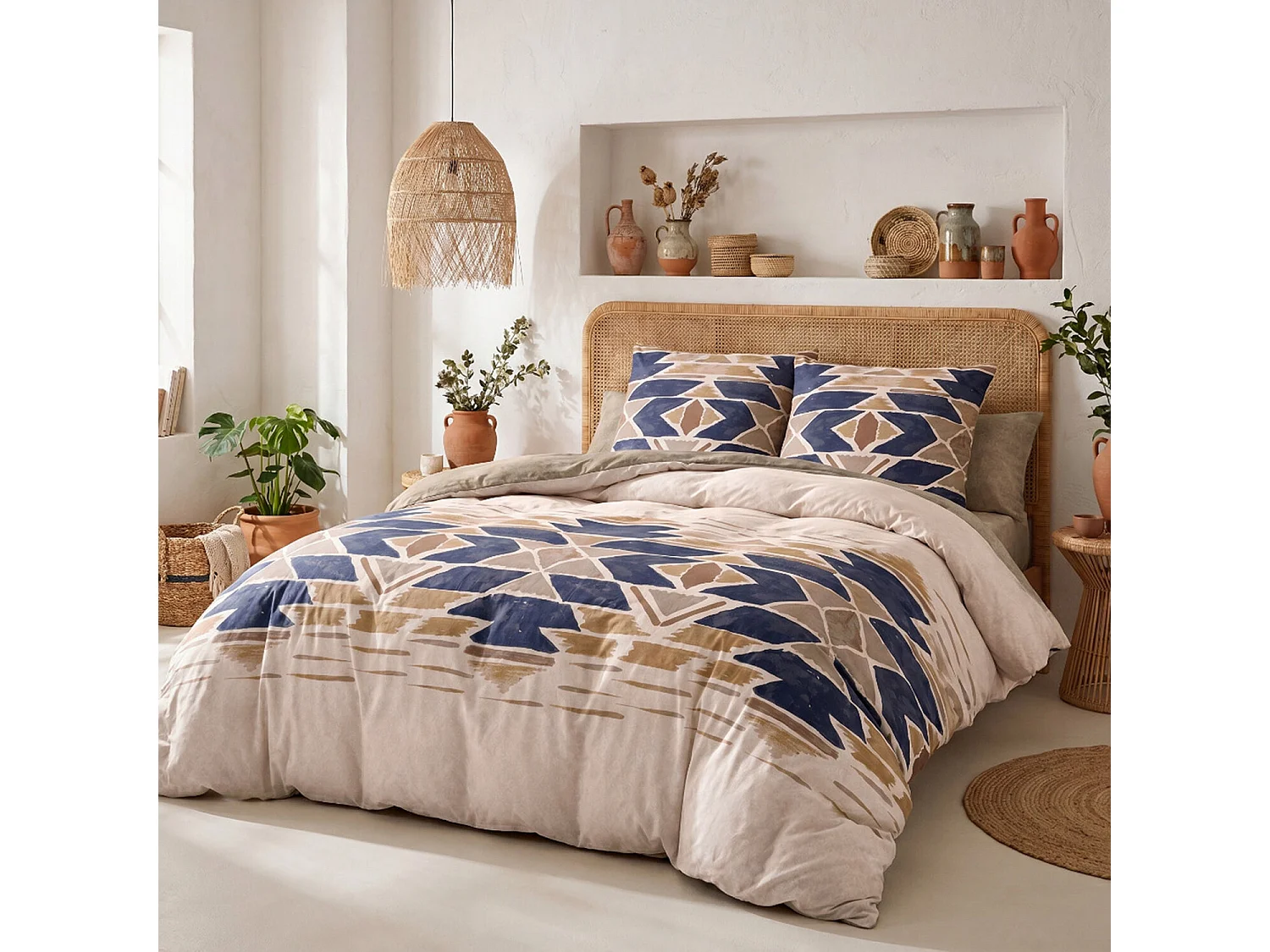 Parure housse de couette 100% coton Apotek imprimée bohème beige