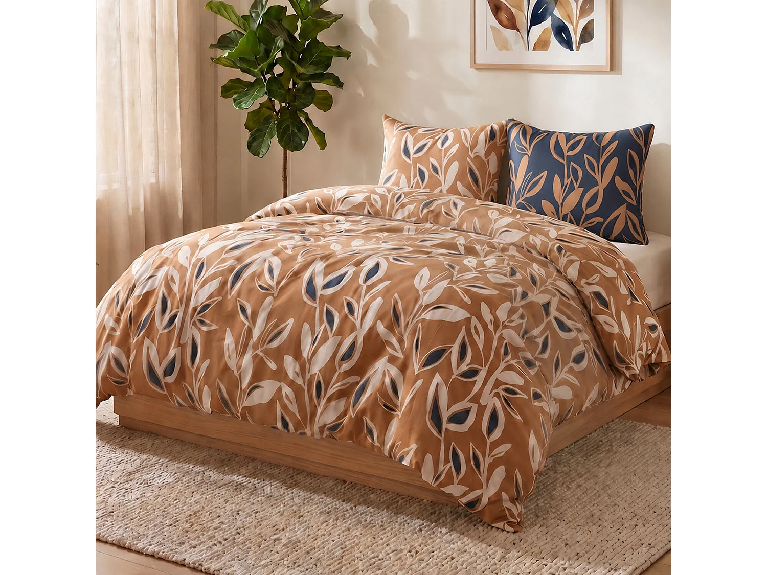 Parure housse de couette 100% coton Linda imprimée floral beige