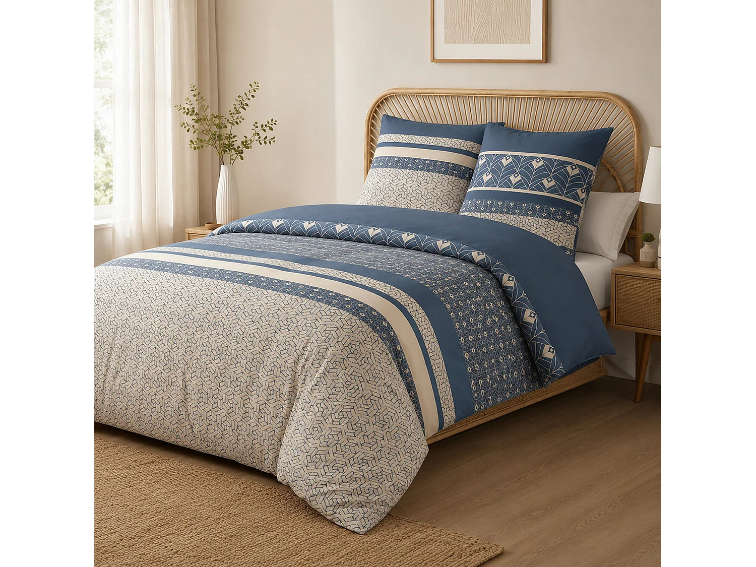 Parure housse de couette 100% coton Havril motif géo bleu et crème