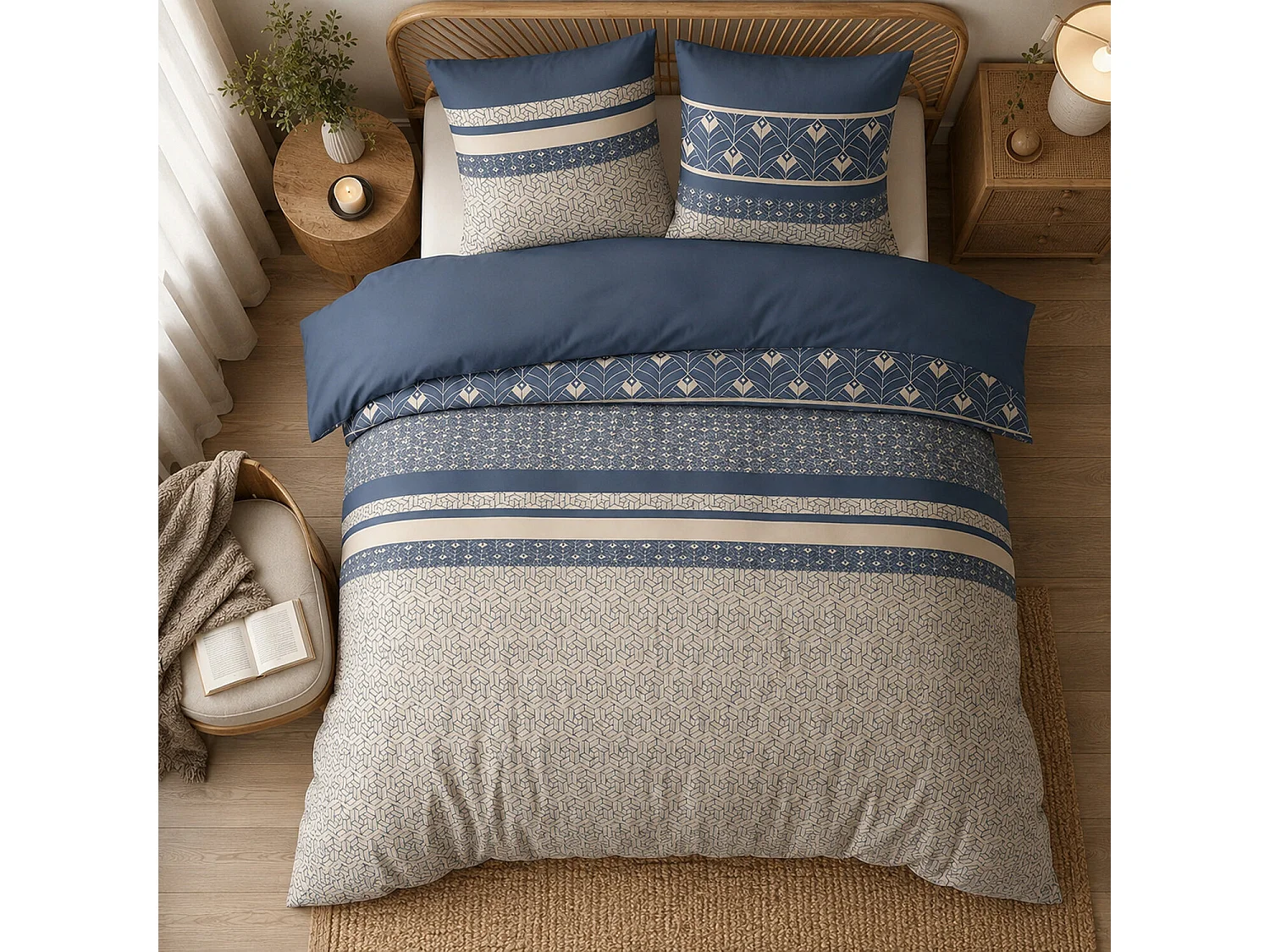 Parure housse de couette 100% coton Havril motif géo bleu et crème