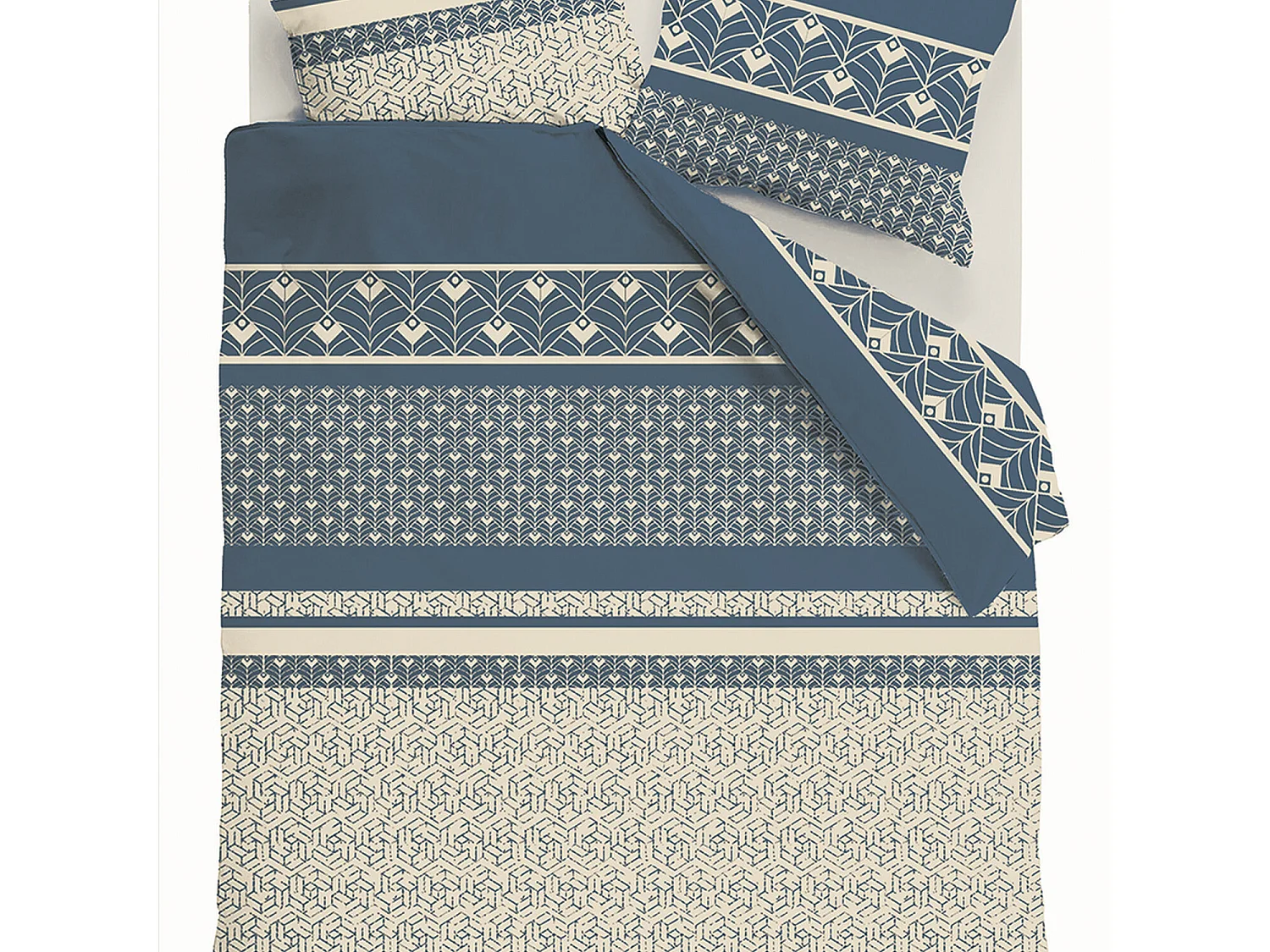 Parure housse de couette 100% coton Havril motif géo bleu et crème
