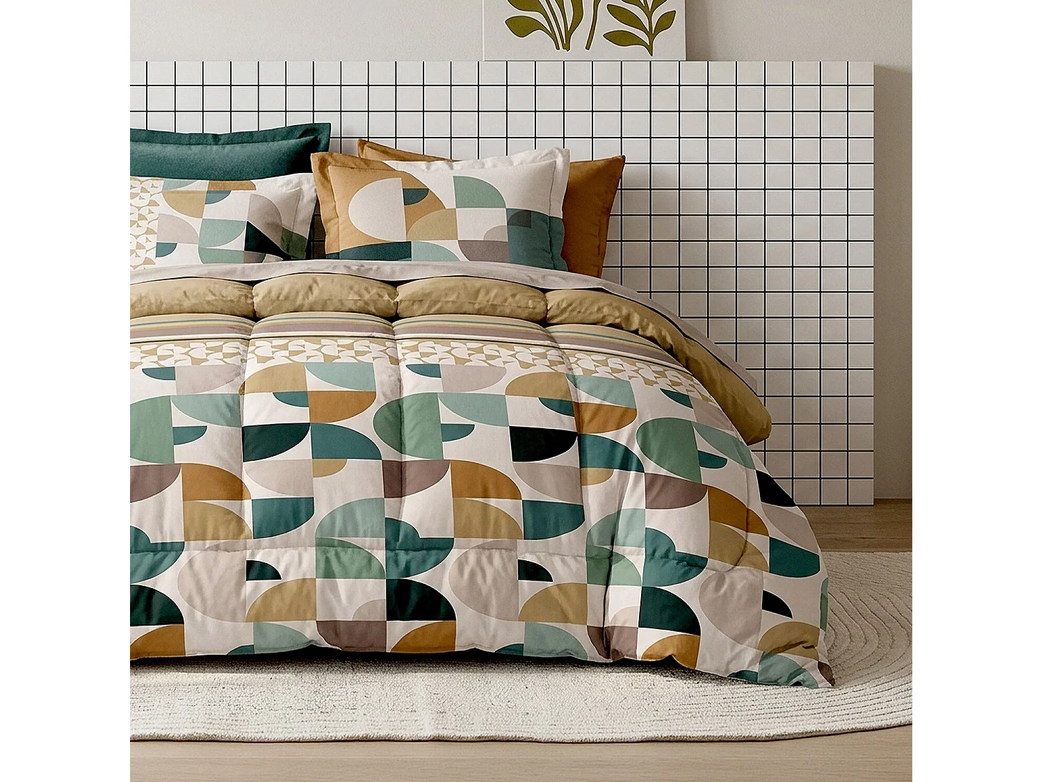 Parure housse de couette 100% coton Helya motif abstrait bleu vert marron