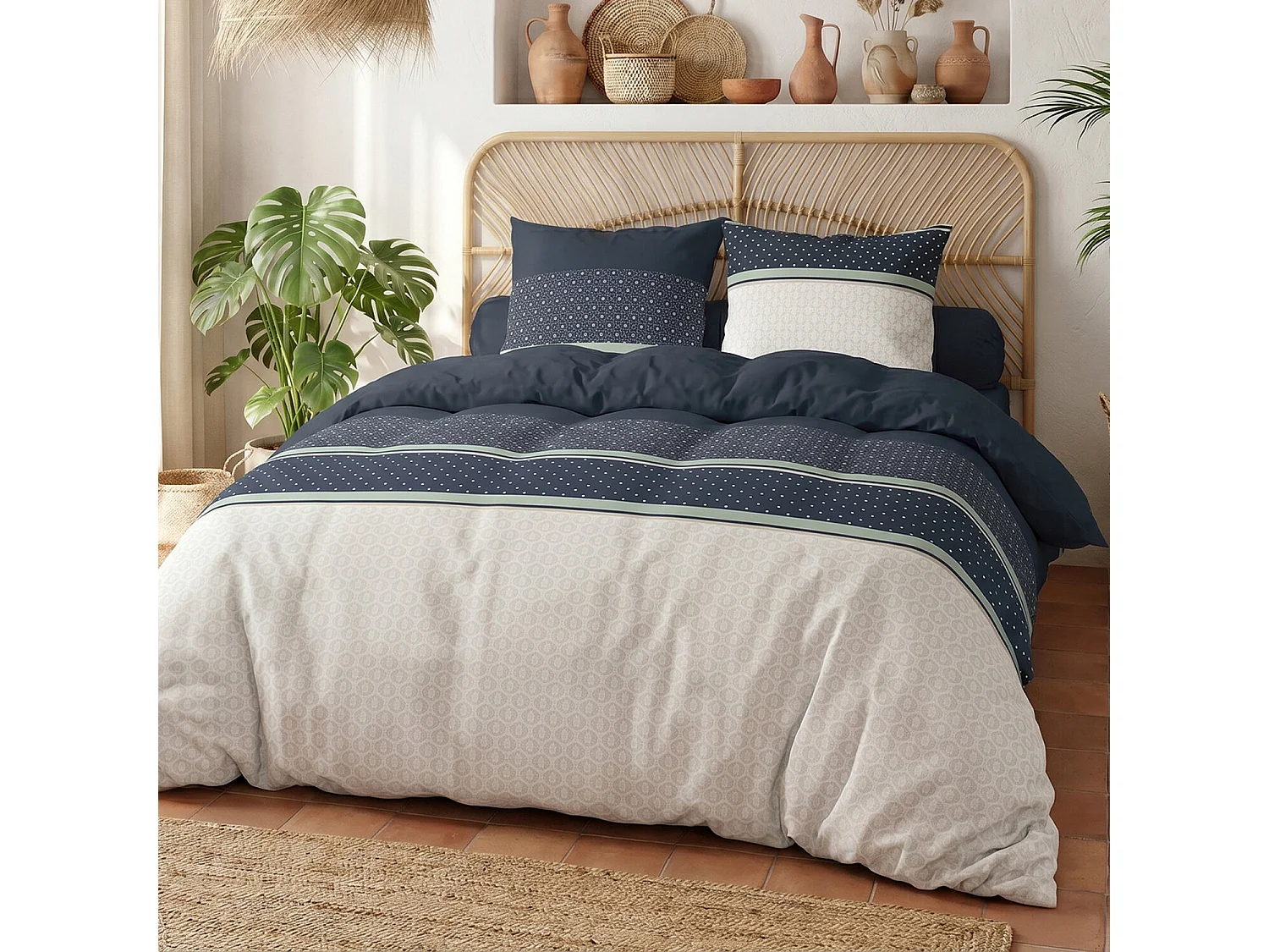 Parure housse de couette 100% coton Andy motif géo bleu vert gris