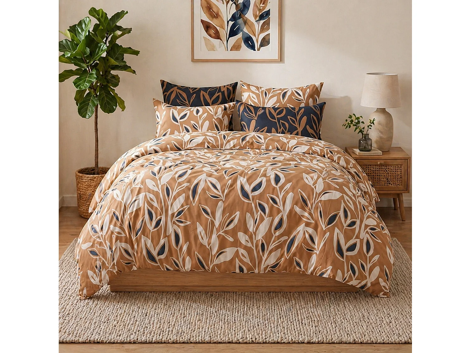 Parure housse de couette 100% coton Linda imprimée floral beige