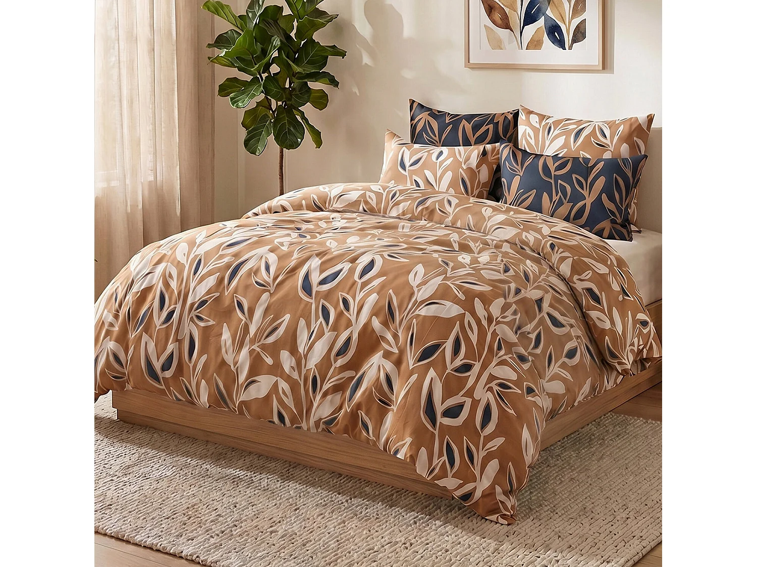 Parure housse de couette 100% coton Linda imprimée floral beige