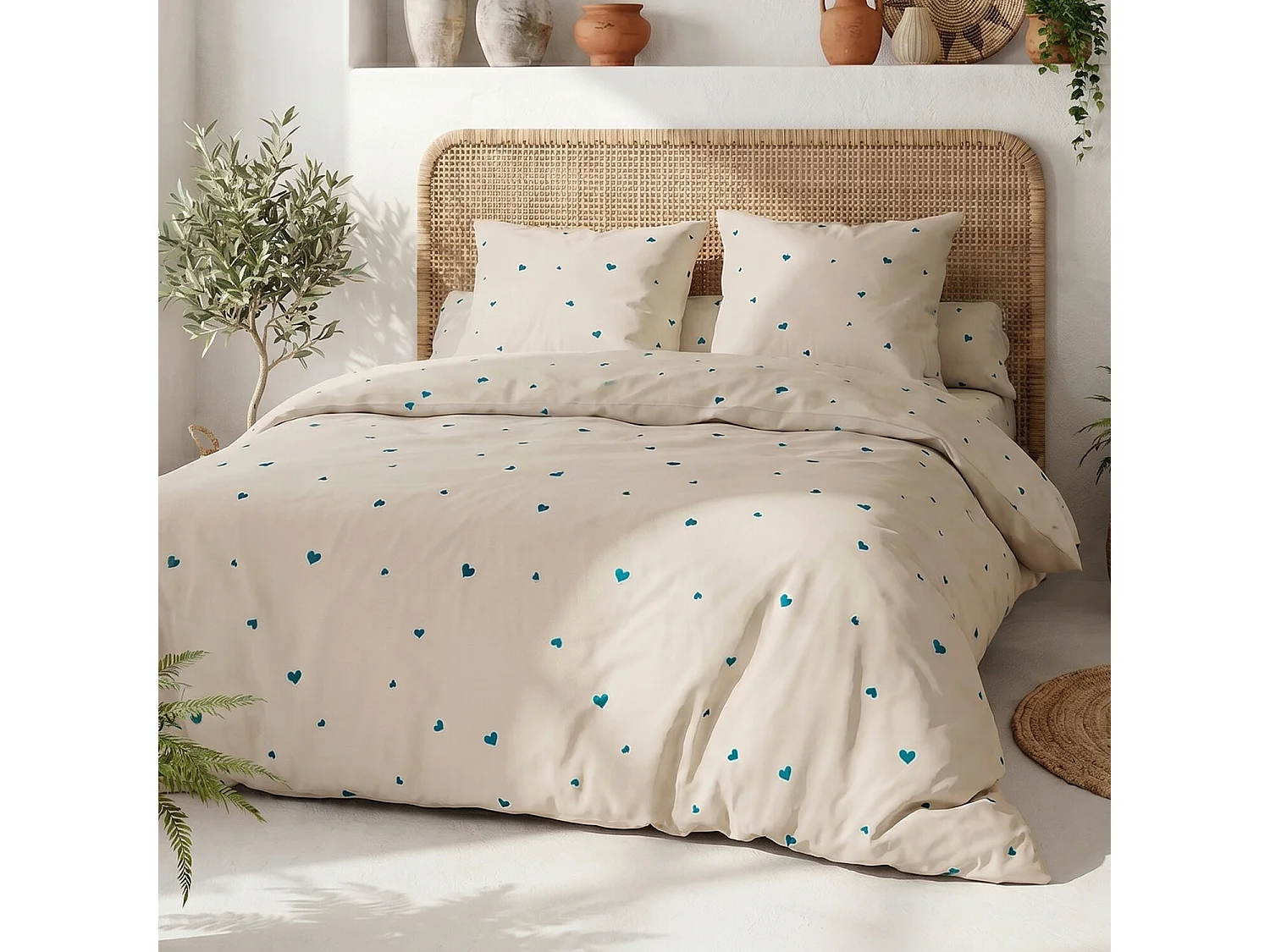 Parure housse de couette 100% coton Lamourelle imprimée cœur bleu