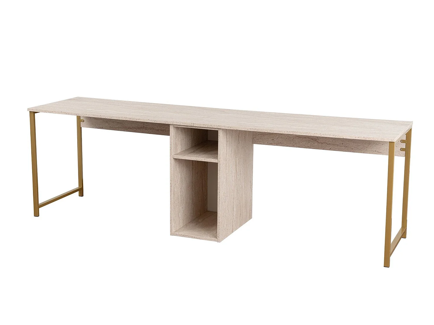Scrivania da studio gemella con ripiani e gambe in metallo - Elegante e funzionale in travertino e oro
