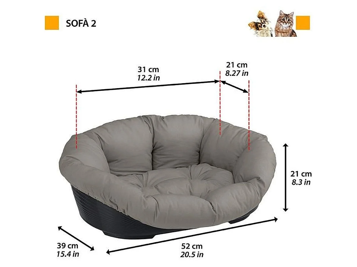 FERPLAST Sofa 2 Ovaal Huisdierenbed voor Kat en Kleine Hond met Kussen, Maat S