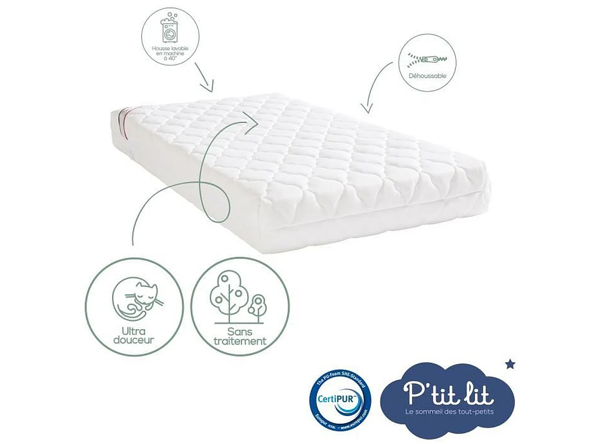 Matelas bébé P'TIT LIT Bamboo 70 x 140 x 10 cm - Housse viscose déhoussable, Mousse PU 23 kg/m³